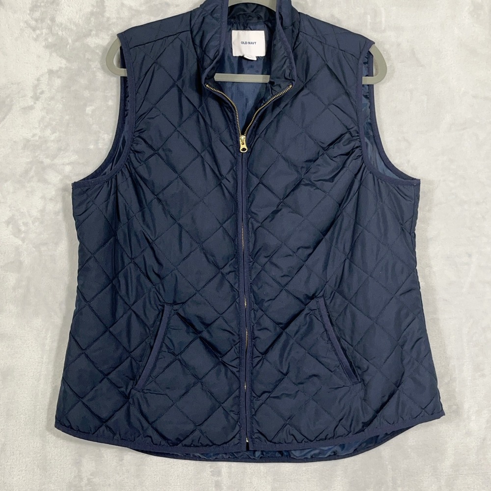 Old Navy Women Vest XL Blue Quilted Puffer Mock Neck Full Zip Sleeveless Utility